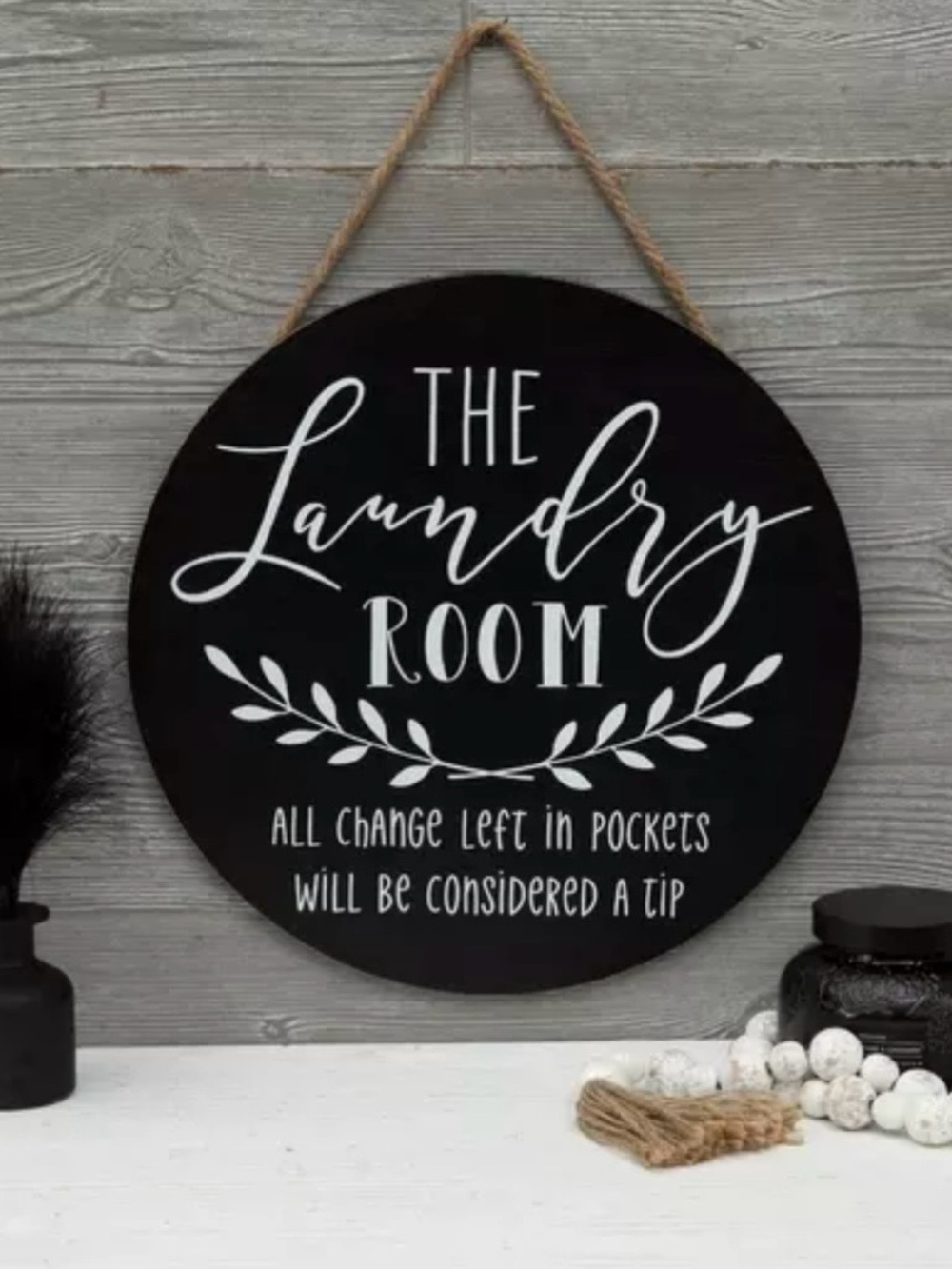 Black 'The Laundry Room' Round Wall Sign - Decorative Home Wall Decor